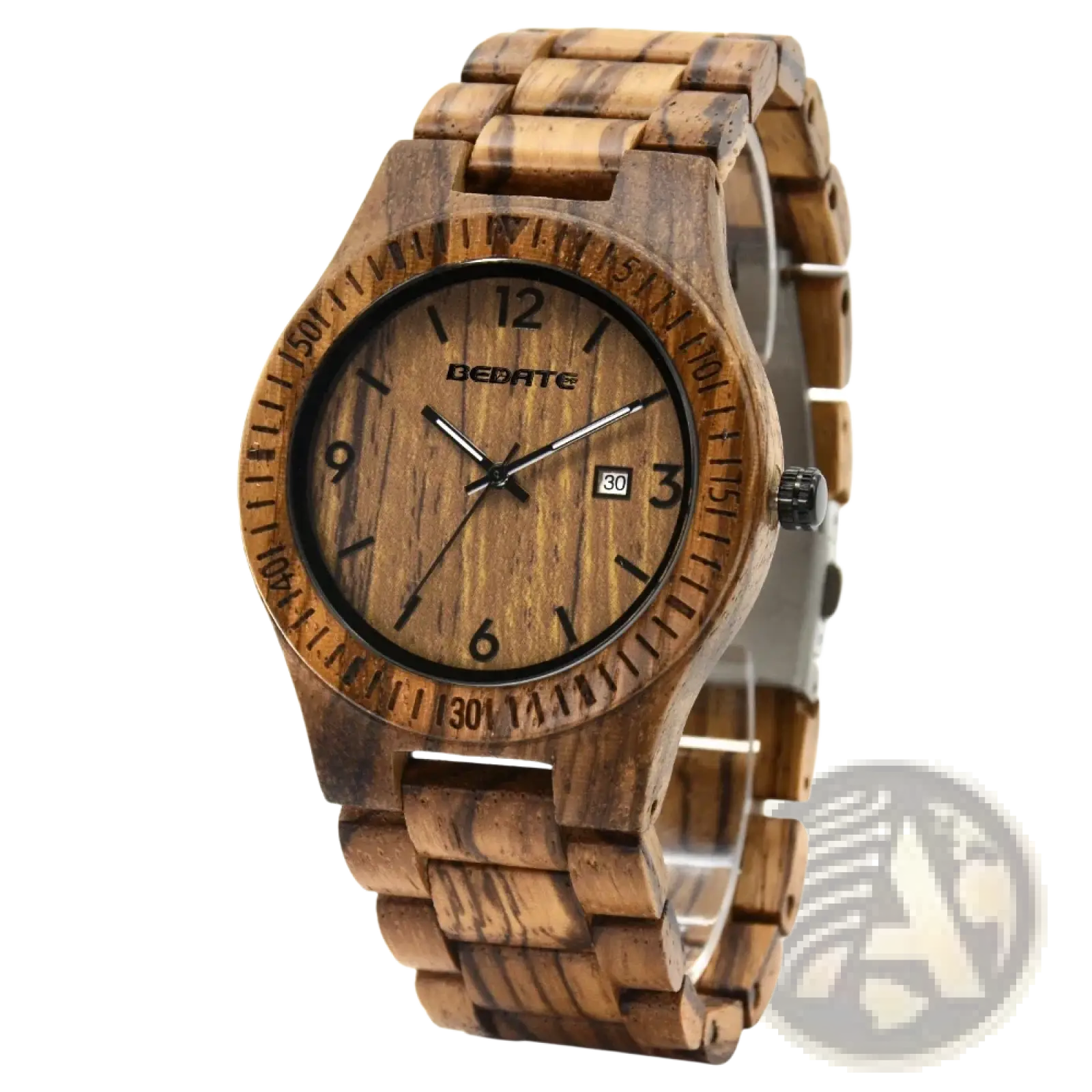 A wooden watch for men quartz date luminous with natural wood grain and black hour markers and hands on its face