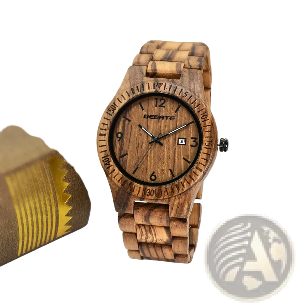 A natural wood grain men’s quartz watch with black dial silver hands and bedeate brand name showing date and luminous features