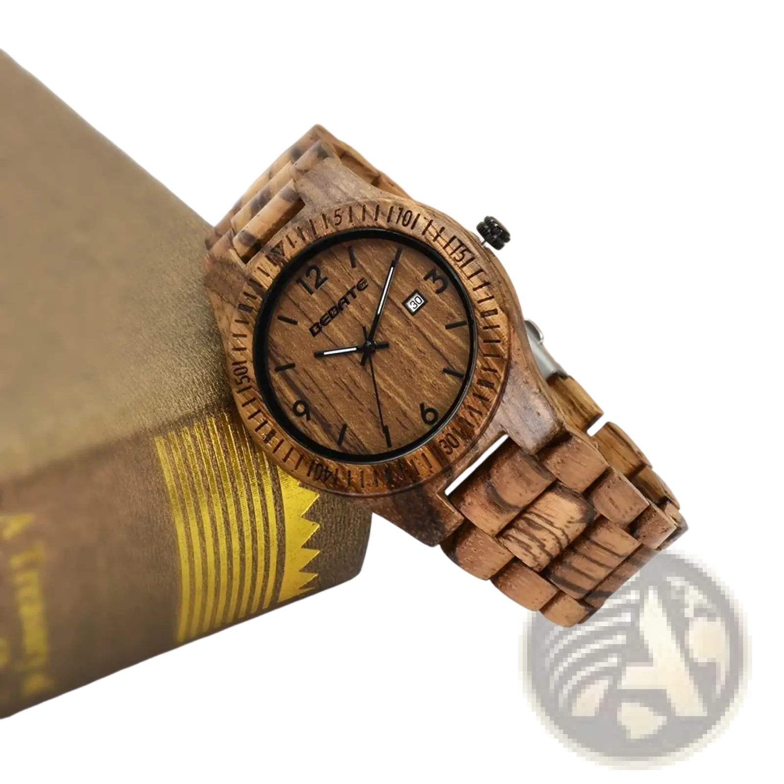 A natural wood grain wooden watch for men with a brown carved wooden case and matching bracelet featuring quartz date luminous