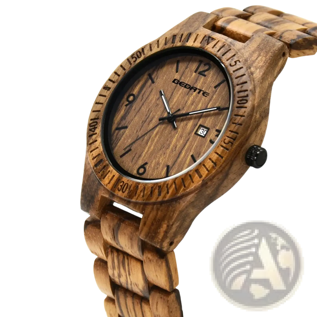 A natural wood grain wooden watch for men quartz date luminous with light brown textured case and engraved hour markers