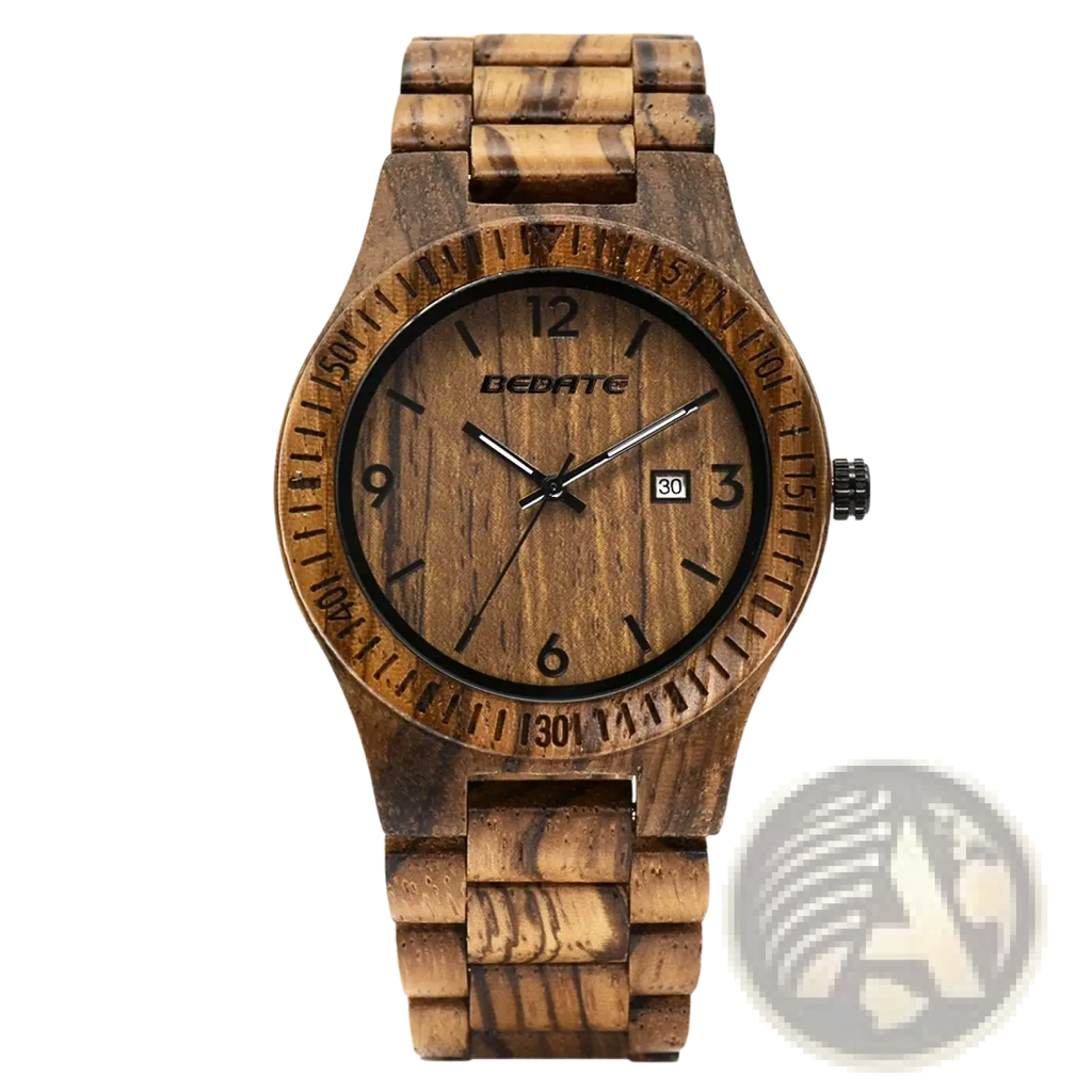 A rustic wooden watch for men featuring natural wood grain, black hour markers, luminous hands, and quartz date function