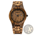 A rustic wooden watch for men featuring natural wood grain, black hour markers, luminous hands, and quartz date function