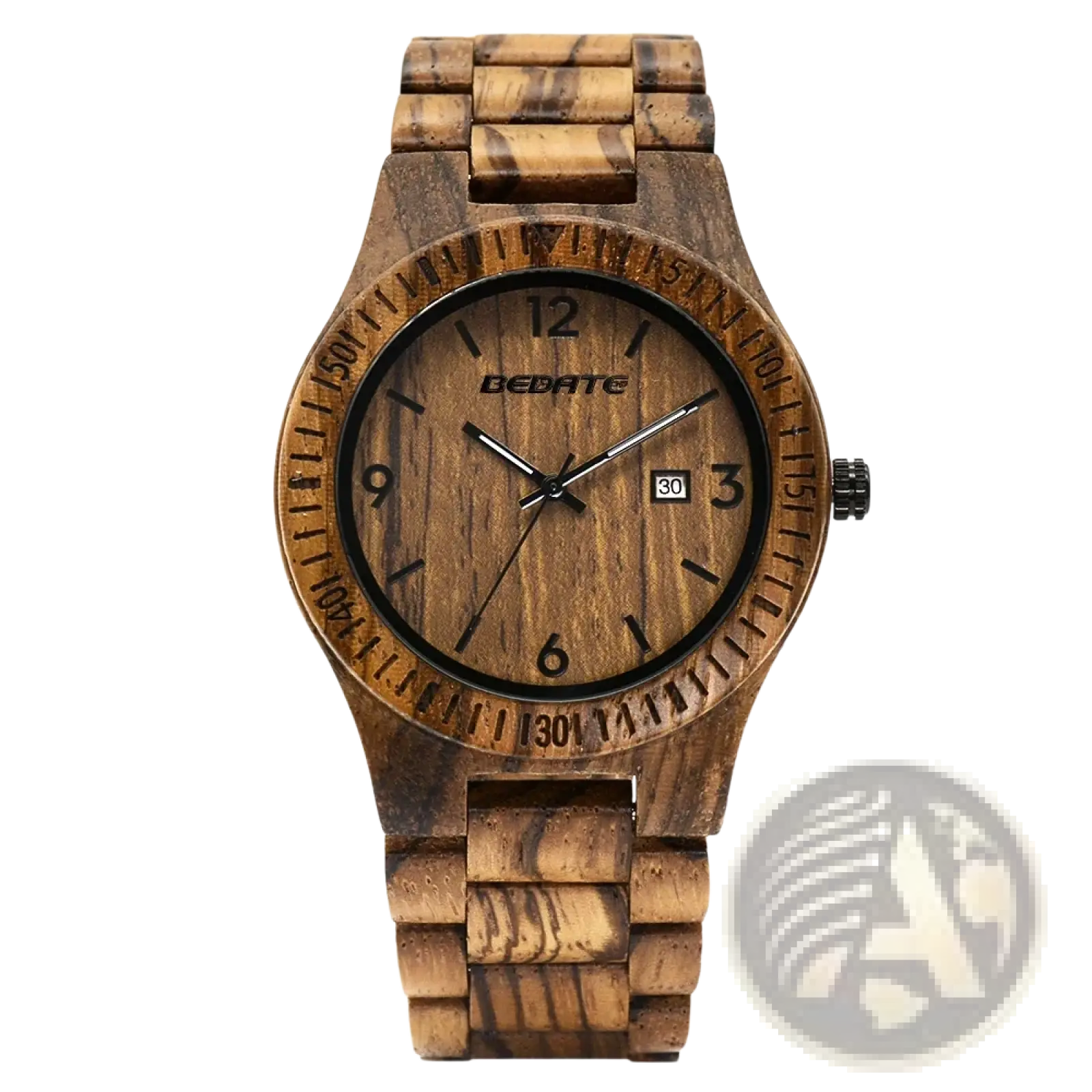 A rustic wooden watch for men featuring natural wood grain, black hour markers, luminous hands, and quartz date function