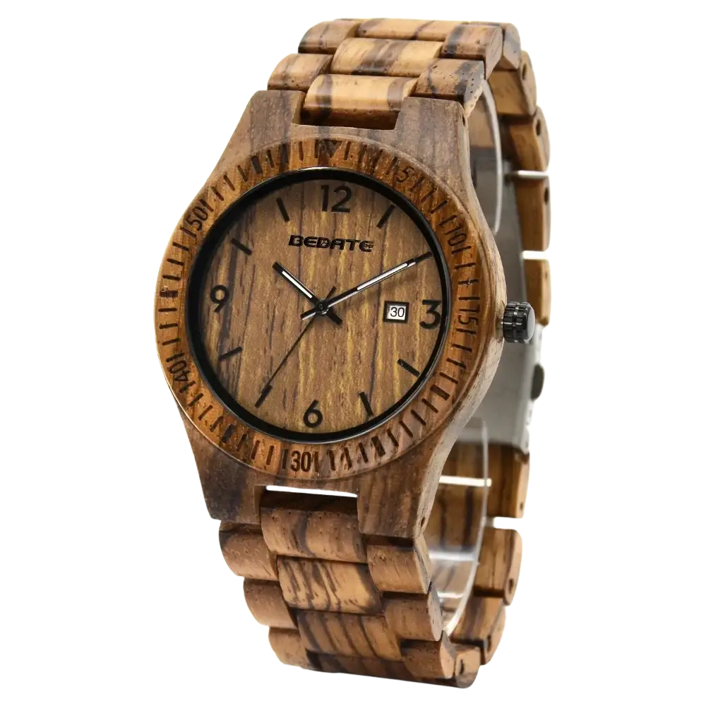 A wooden watch for men quartz date luminous with natural wood grain and black hour markers and hands on its face