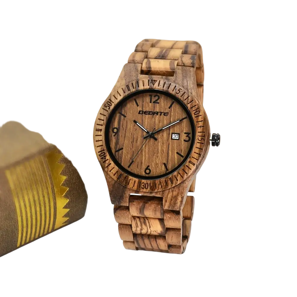 A natural wood grain men’s quartz watch with black dial silver hands and bedeate brand name showing date and luminous features