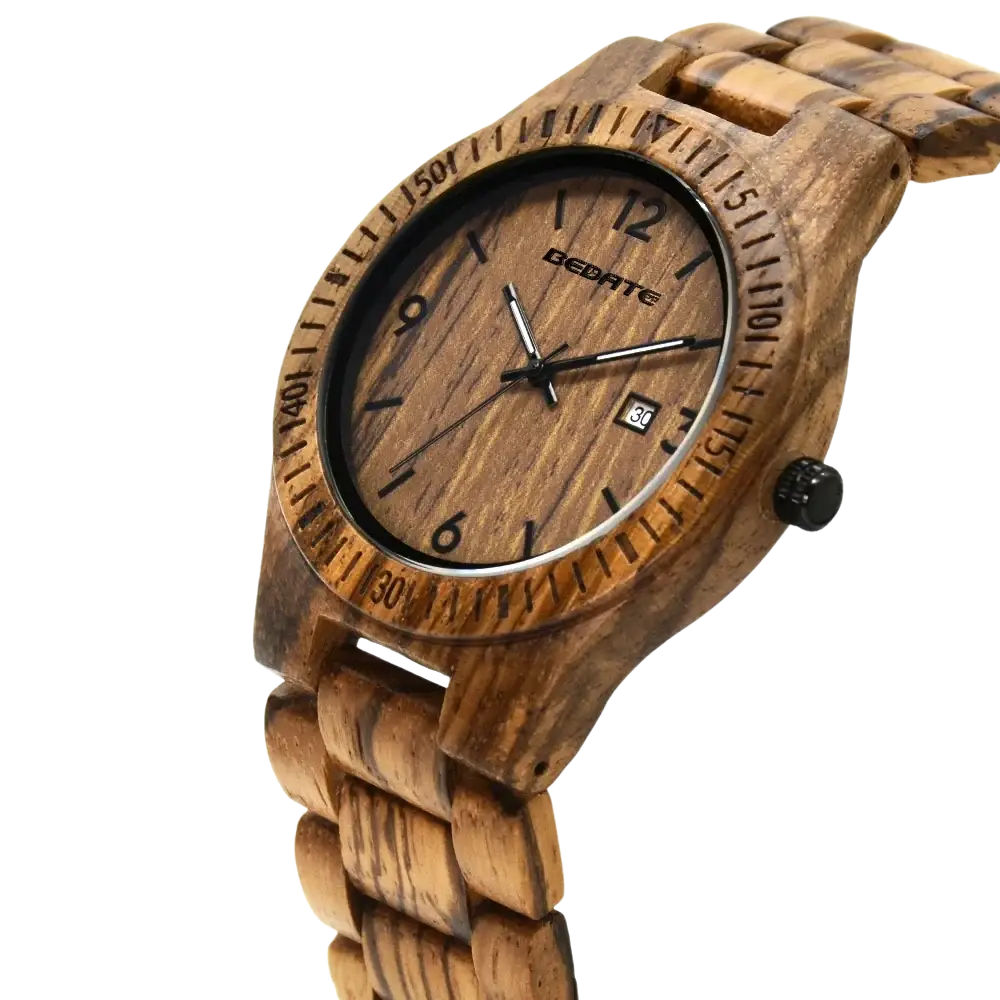 A natural wood grain wooden watch for men quartz date luminous with light brown textured case and engraved hour markers