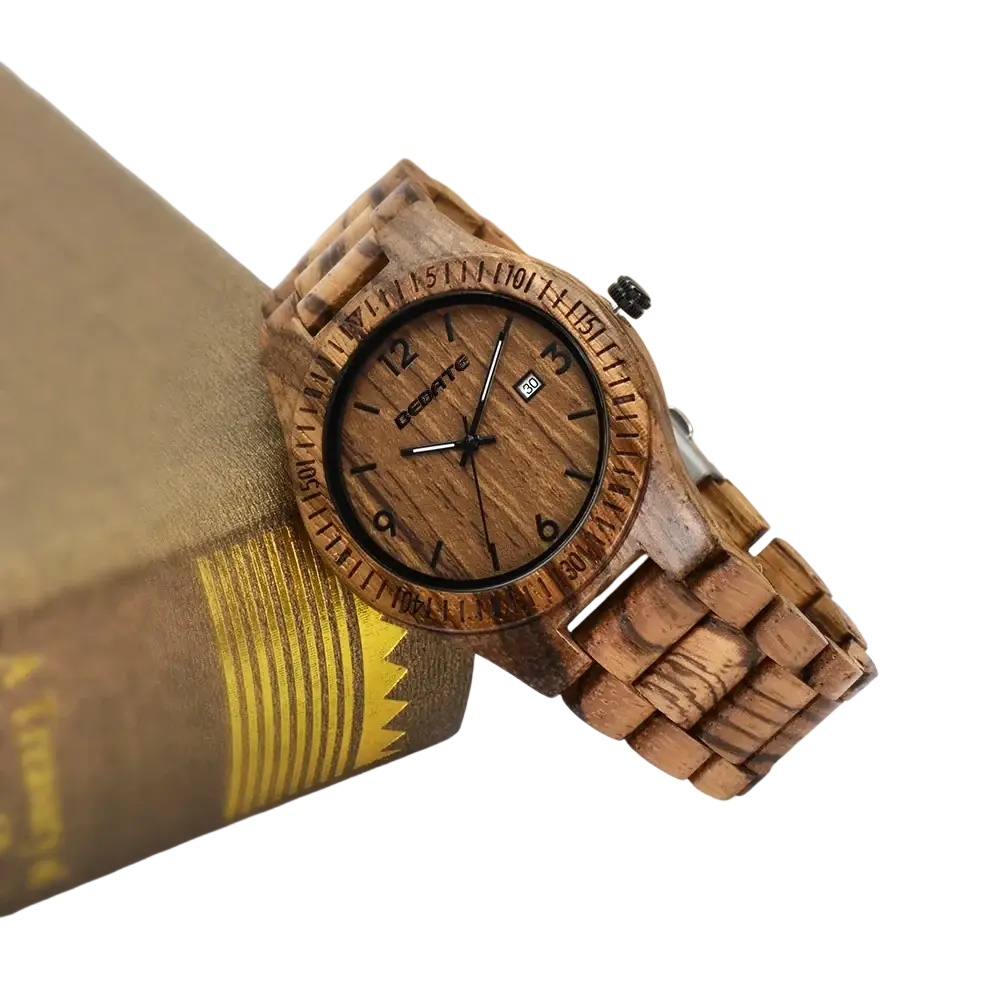 A natural wood grain wooden watch for men with a brown carved wooden case and matching bracelet featuring quartz date luminous