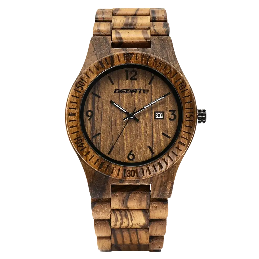A rustic wooden watch for men featuring natural wood grain, black hour markers, luminous hands, and quartz date function
