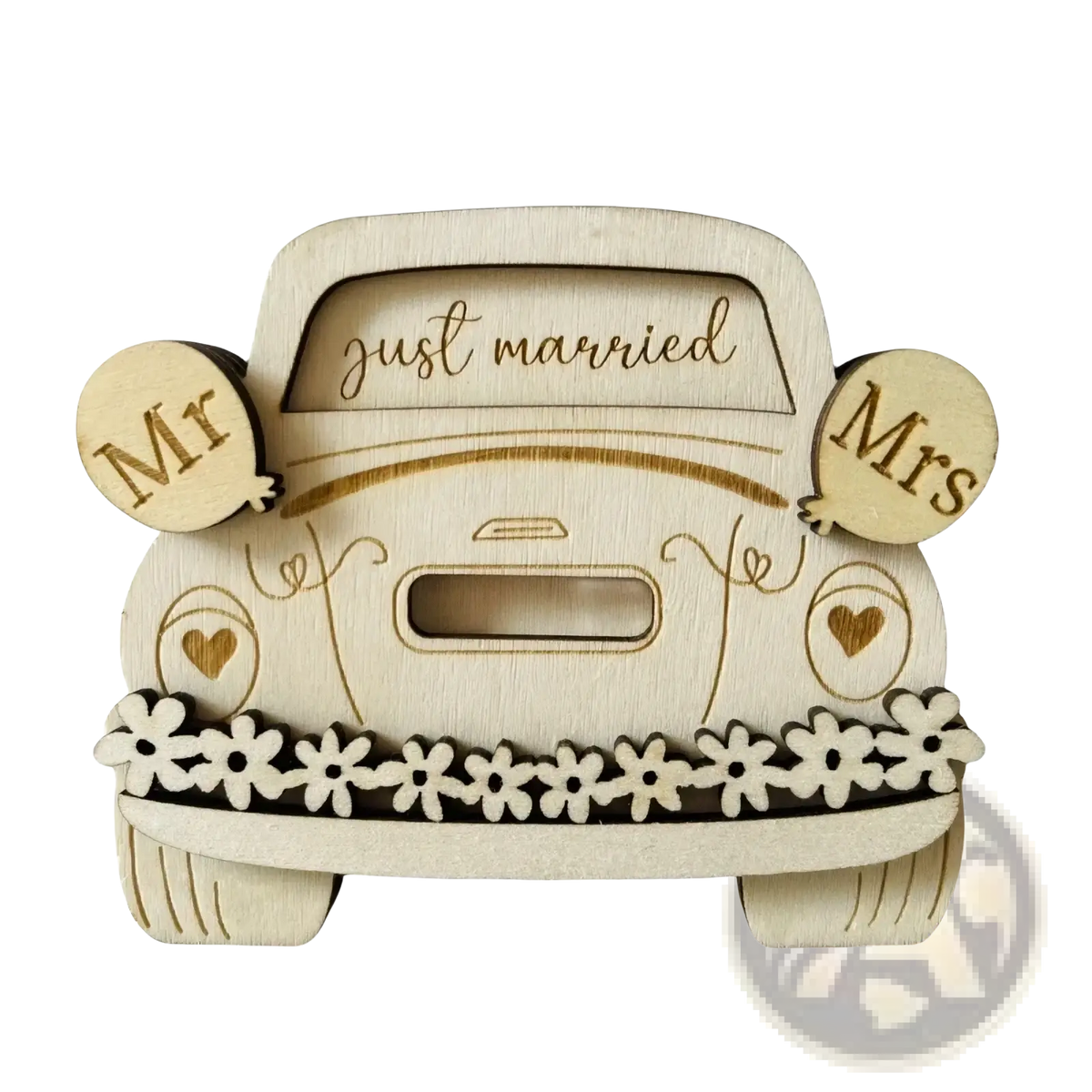 Light-colored wooden car-shaped money box with just married engraving and mr mrs balloon cutouts for wedding gifts
