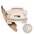 A light-colored wooden wedding car money box with just married engraving and mr and mrs balloon cutouts with floral border