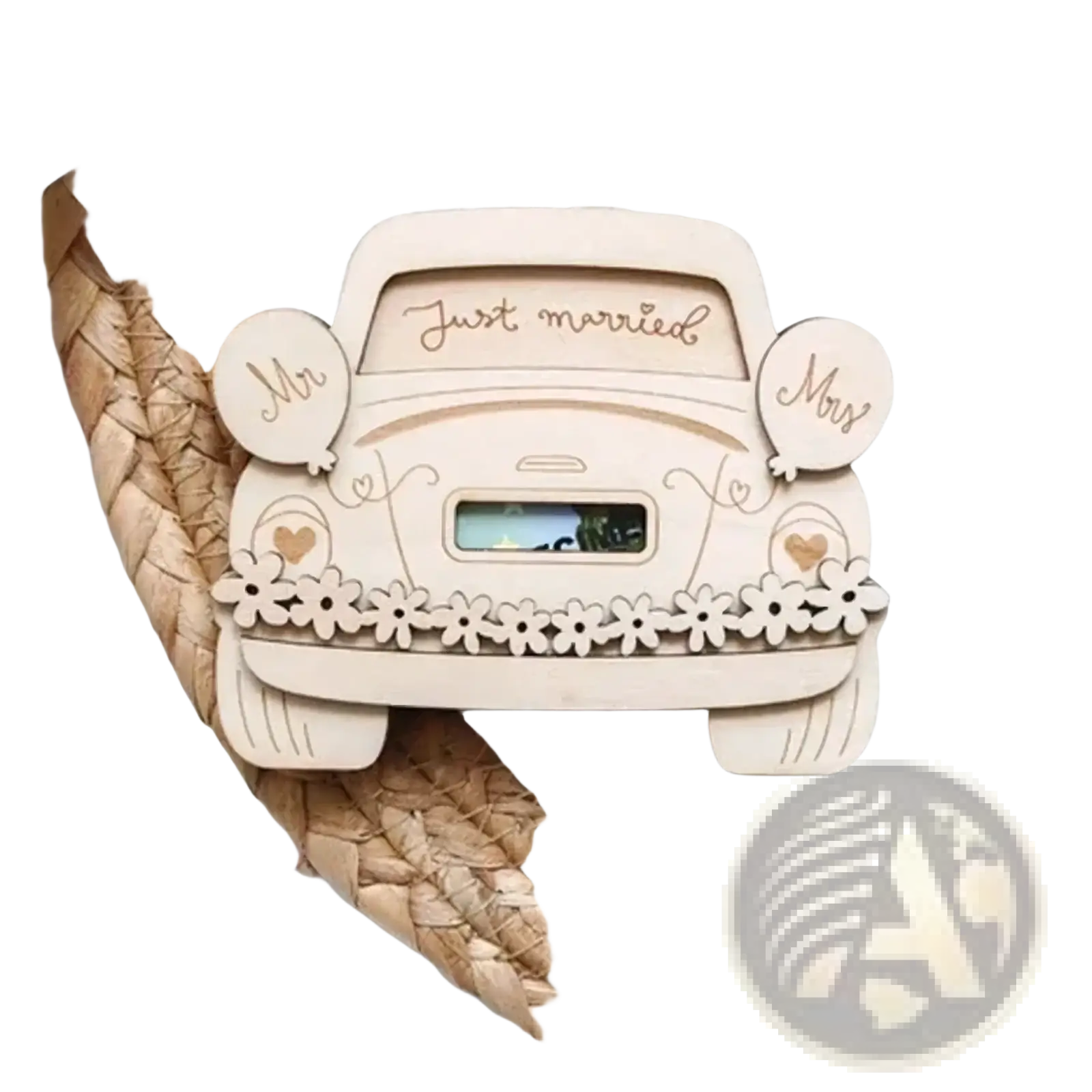 A light-colored wooden wedding car money box with just married engraving and mr and mrs balloon cutouts with floral border