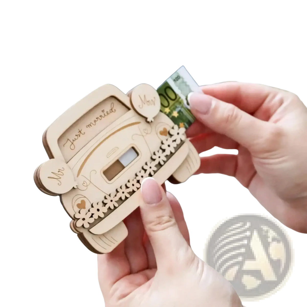 Light-colored wooden car-shaped wedding money holder gift box with engraved mr for special occasions