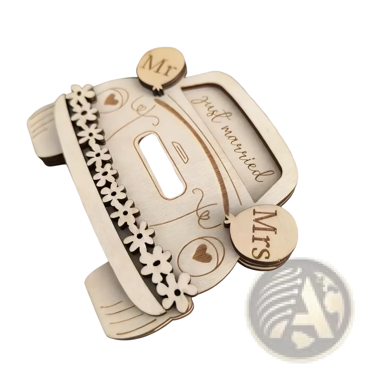 Wooden wedding car money holder gift box in light wood with just married engraving floral border and mr and mrs tags