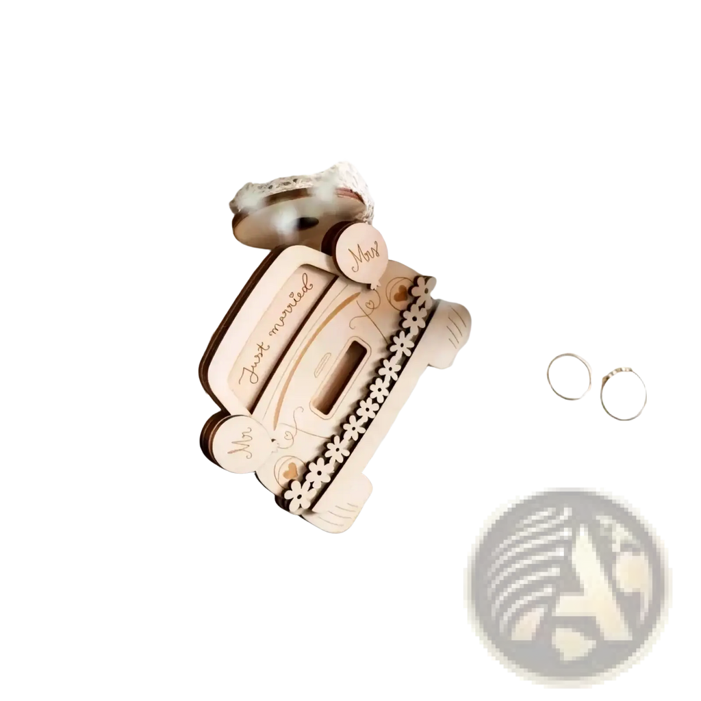 Wooden wedding car money holder gift box light wood carved with just married engraving and floral cutouts along edge