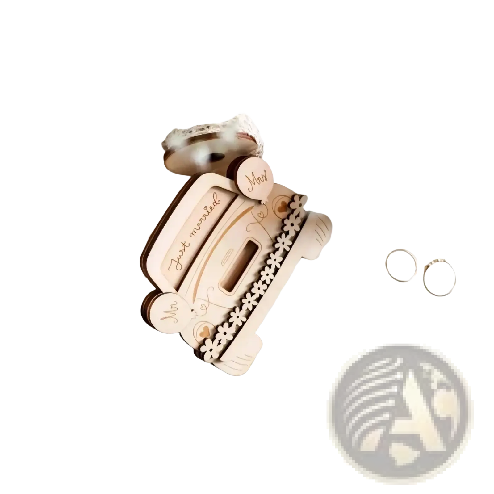 Wooden wedding car money holder gift box light wood carved with just married engraving and floral cutouts along edge