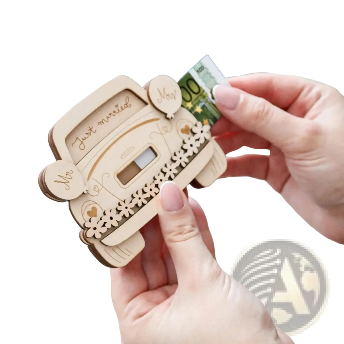 A light wood-carved wooden wedding car money holder with just married and mr text for wedding gifts