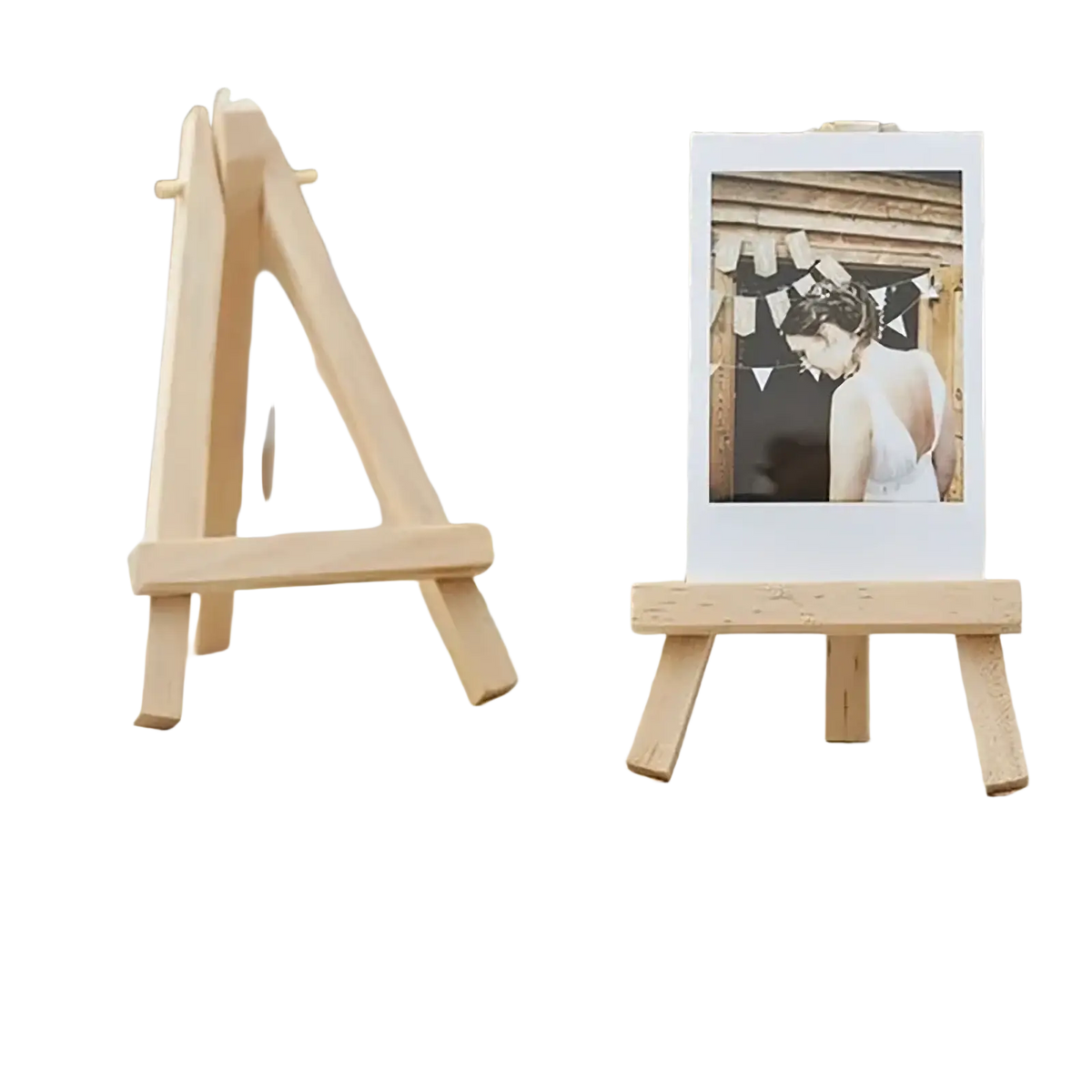 Light-colored wooden easel holding a polaroid photo perfect for wedding engagement decor and birthday decoration