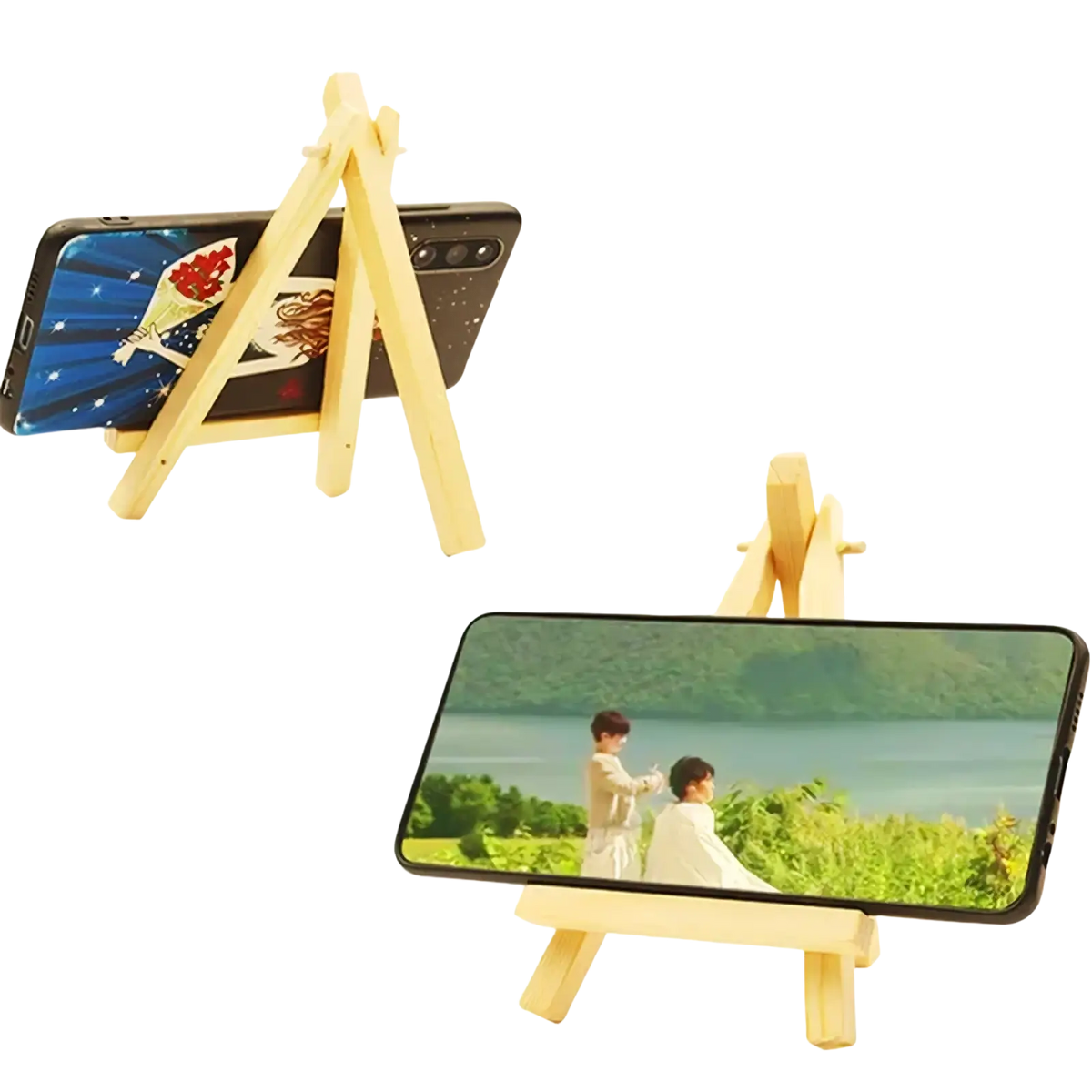 Light-colored wooden a-frame phone stand ideal for wedding engagement decor and birthday display easel use