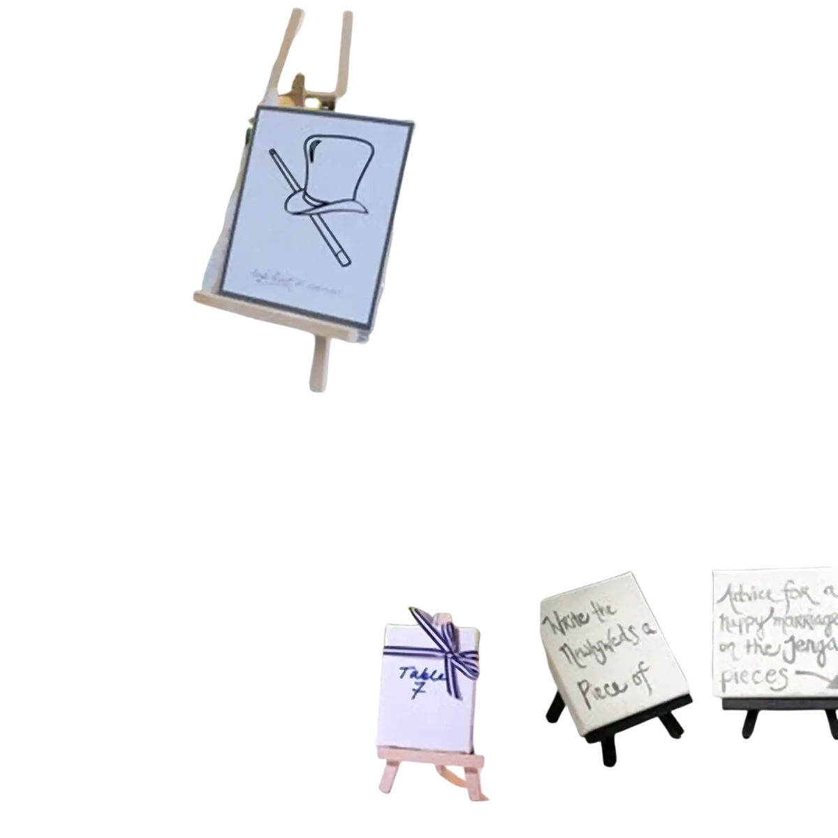 Wooden easel displaying a printed card with a black top hat and cane illustration for wedding or birthday decor