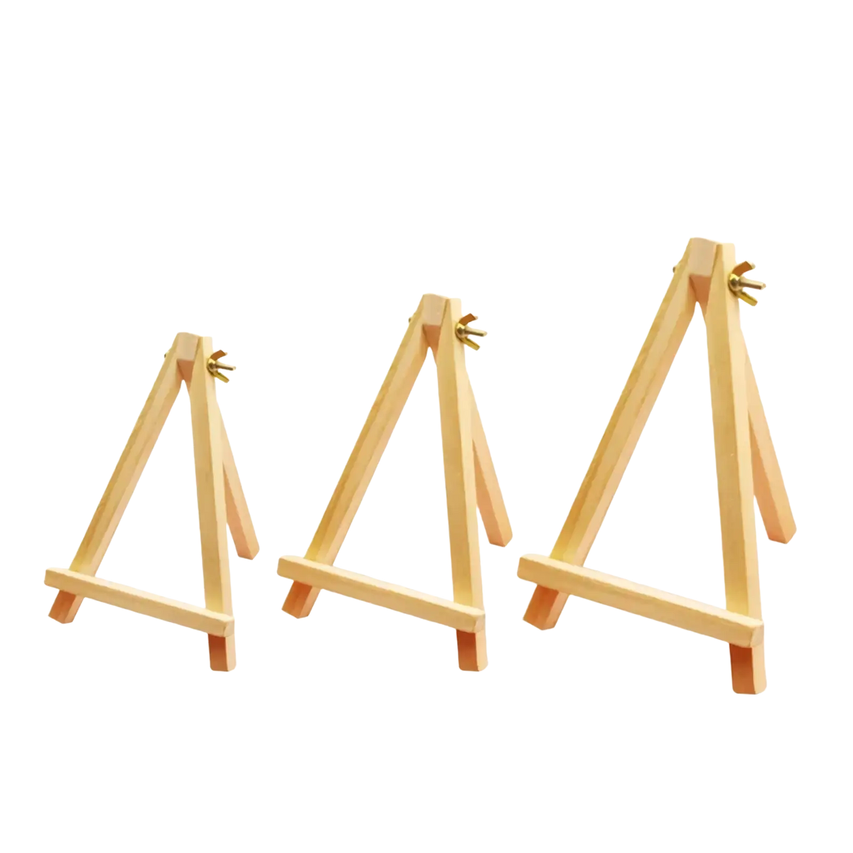 Three light-colored wooden easels with gold-toned wing nuts for wedding engagement decor and frame display