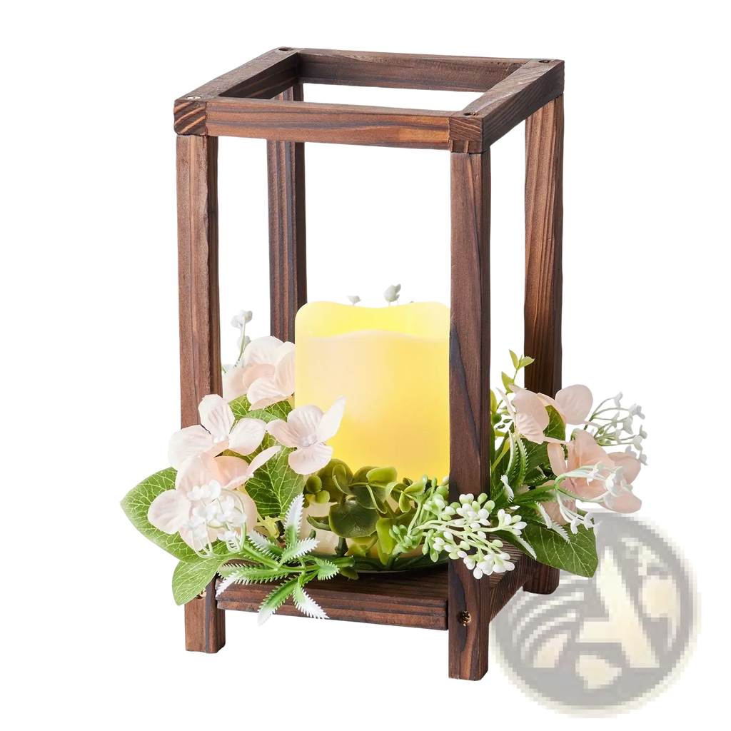 Dark brown wooden wedding lantern centerpiece with glowing LED candle and pink green artificial flowers