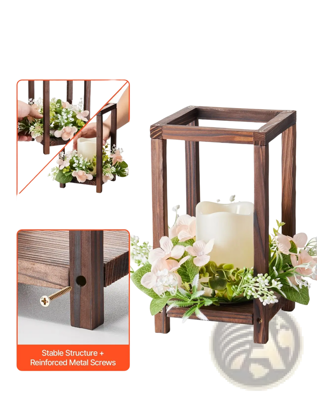 Dark brown cedar wood wedding lantern centerpiece with white led candle and pink green faux flowers 10 set