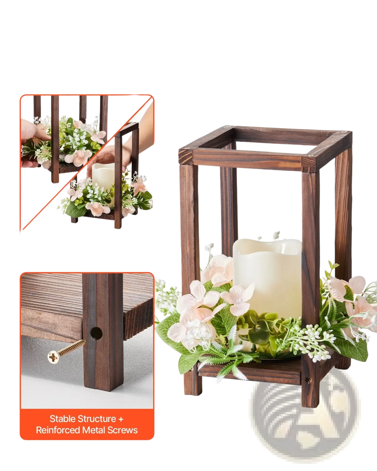 Dark brown cedar wood wedding lantern centerpiece with white led candle and pink green faux flowers 10 set