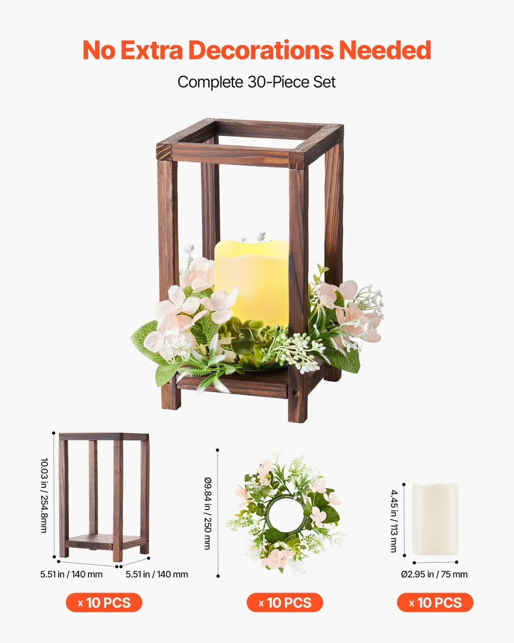 Dark brown wooden wedding lantern centerpiece with led yellow candle and decorative floral arrangement set of 10