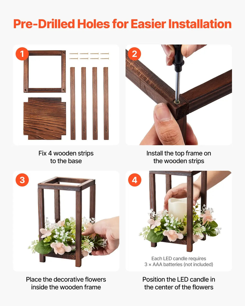 Dark brown wooden wedding lantern centerpiece with square frame decorative flowers and led candles 10 set