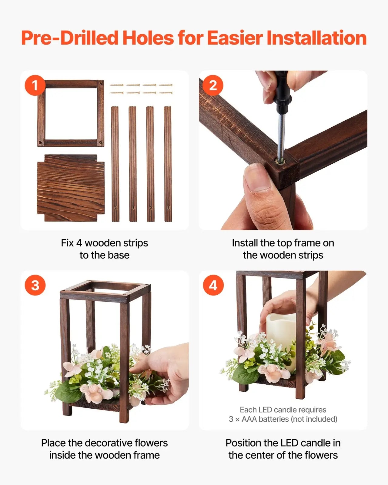 Dark brown wooden wedding lantern centerpiece with square frame decorative flowers and led candles 10 set