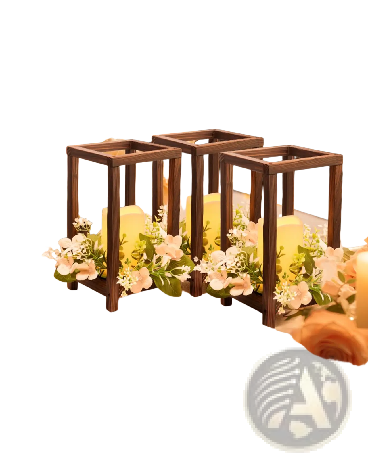 Dark brown wooden wedding lantern centerpiece set with flameless led candles and artificial champagne floral wreaths