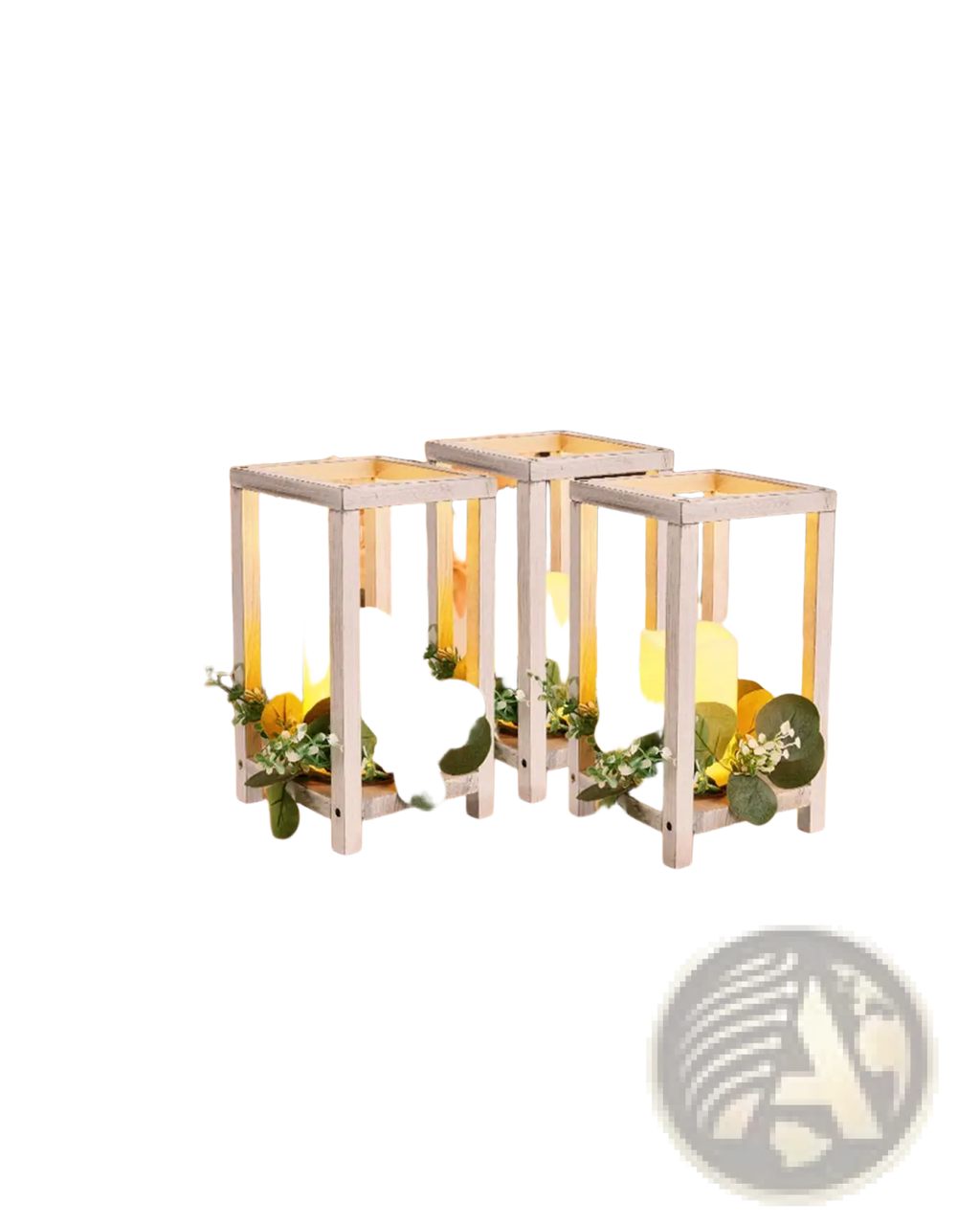White wooden wedding lantern centerpieces with flameless led candles and artificial eucalyptus wreaths 12 set
