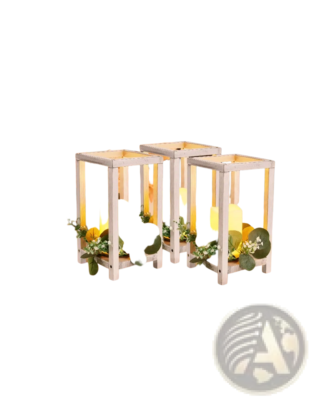 White wooden wedding lantern centerpieces with flameless led candles and artificial eucalyptus wreaths 12 set