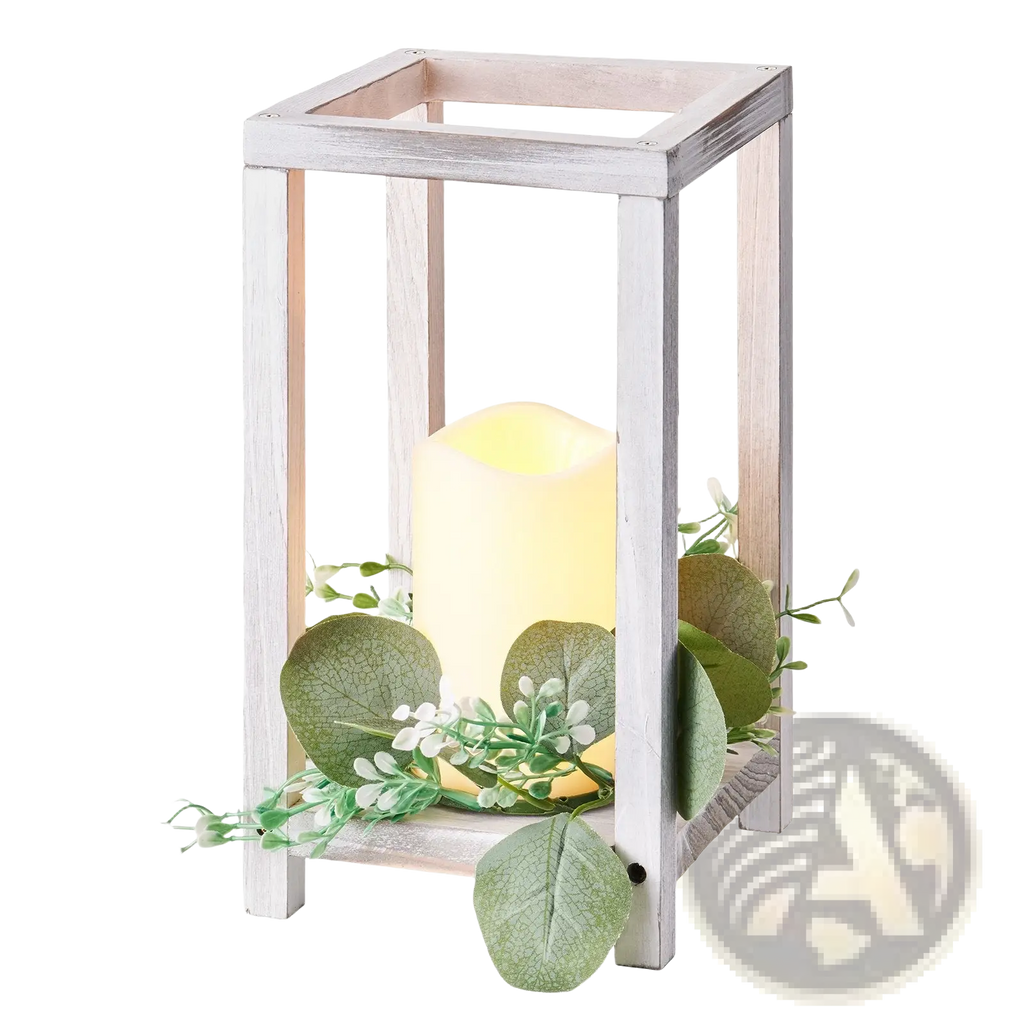 White distressed wood lantern with warm led candle and eucalyptus foliage for wooden wedding centerpiece set