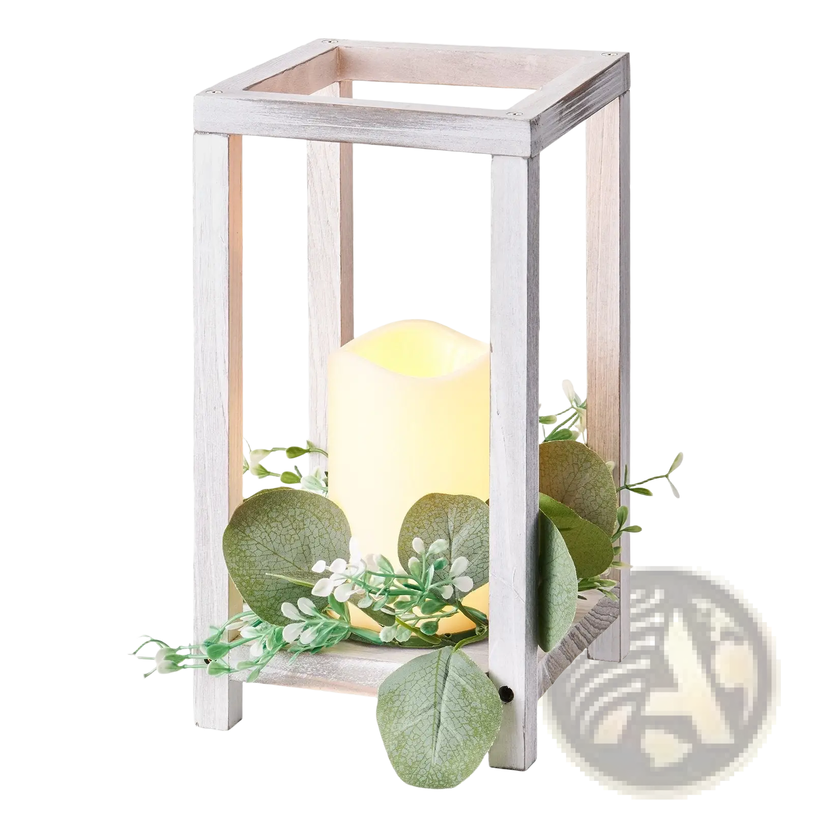 White distressed wood lantern with warm led candle and eucalyptus foliage for wooden wedding centerpiece set