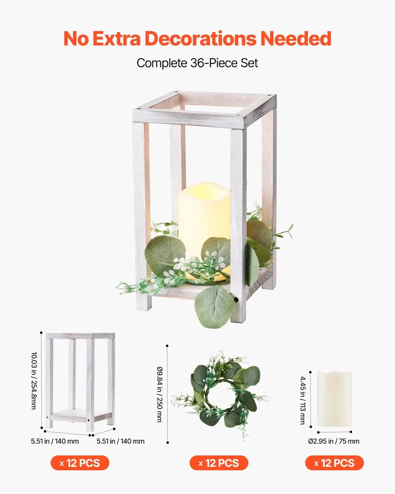 White wooden wedding lantern centerpiece with cream candle and greenery featuring led candle set of 12