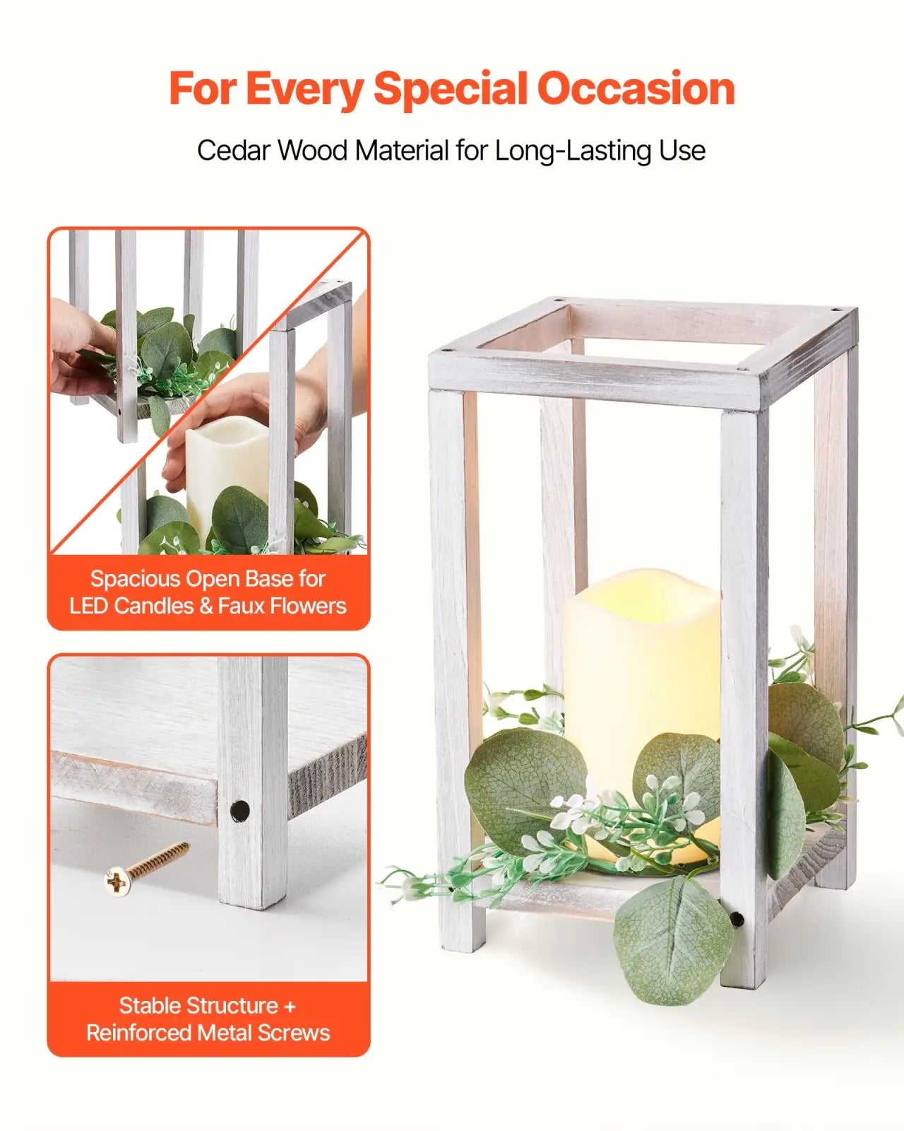White cedar wood wedding lantern centerpiece with spacious open base holding led candle and faux greenery 12 set