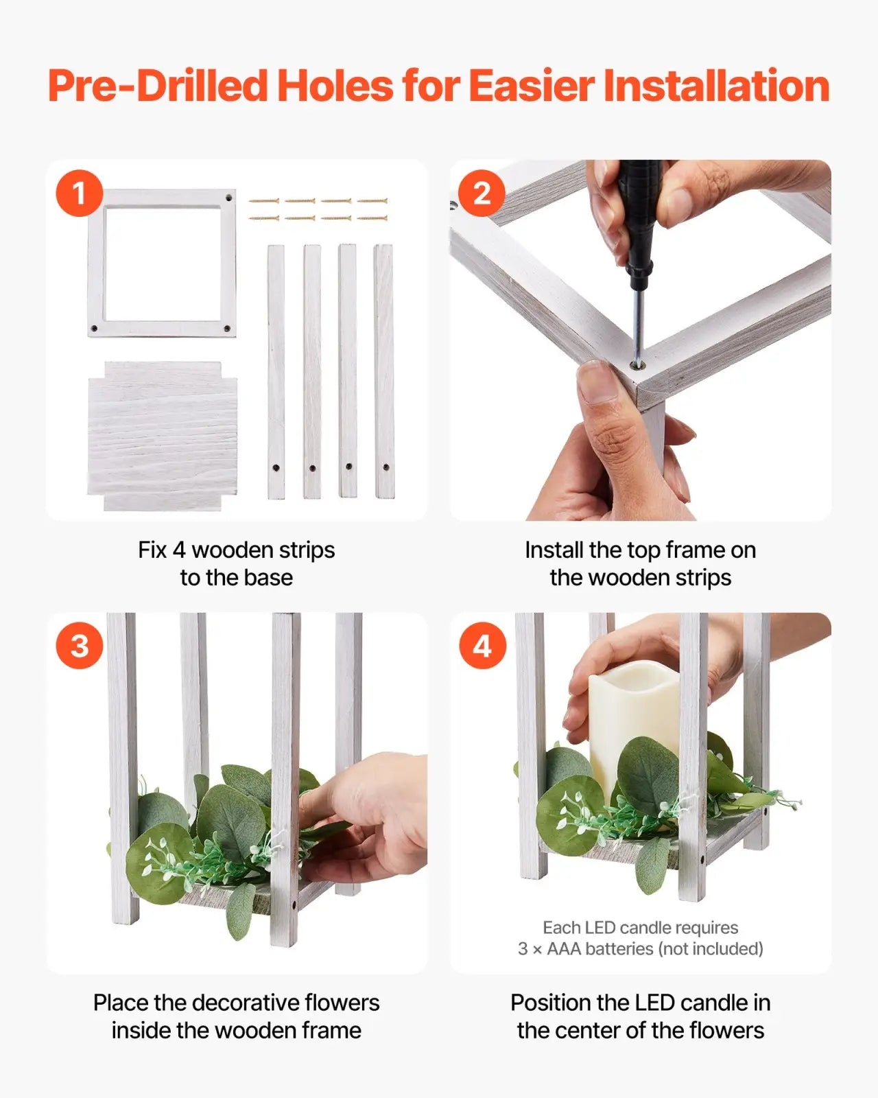 White wooden candle holder with square frame design and decorative green foliage for wedding lantern centerpieces