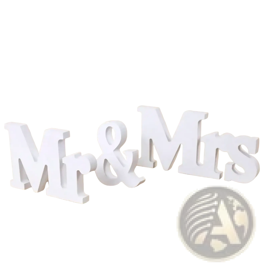 White wooden wedding table sign with mr text for mr and mrs decor use at weddings and receptions