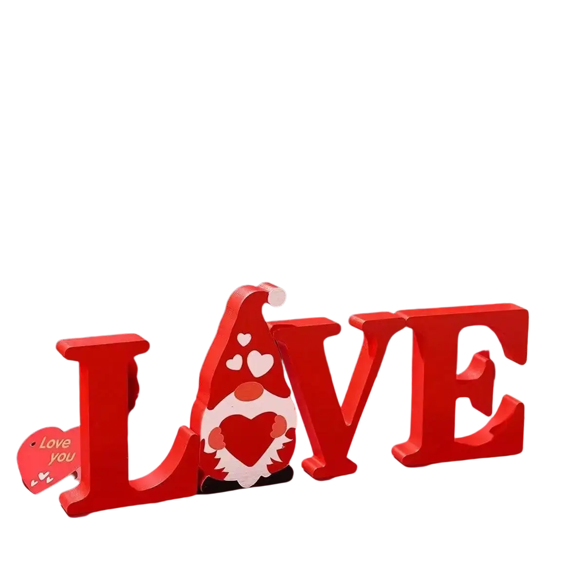 Red wooden love letter decor with l shaped like a gnome wearing a red hat holding a heart for wedding table sign