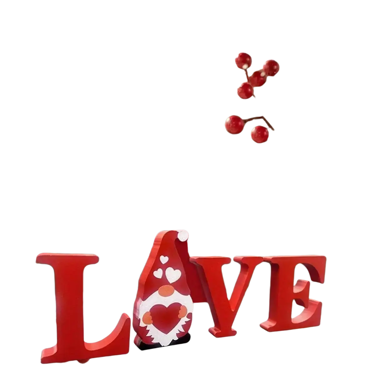 Red wooden love letter decor with a gnome figure featuring white and orange face details and red heart for wedding table sign mr and mrs decor