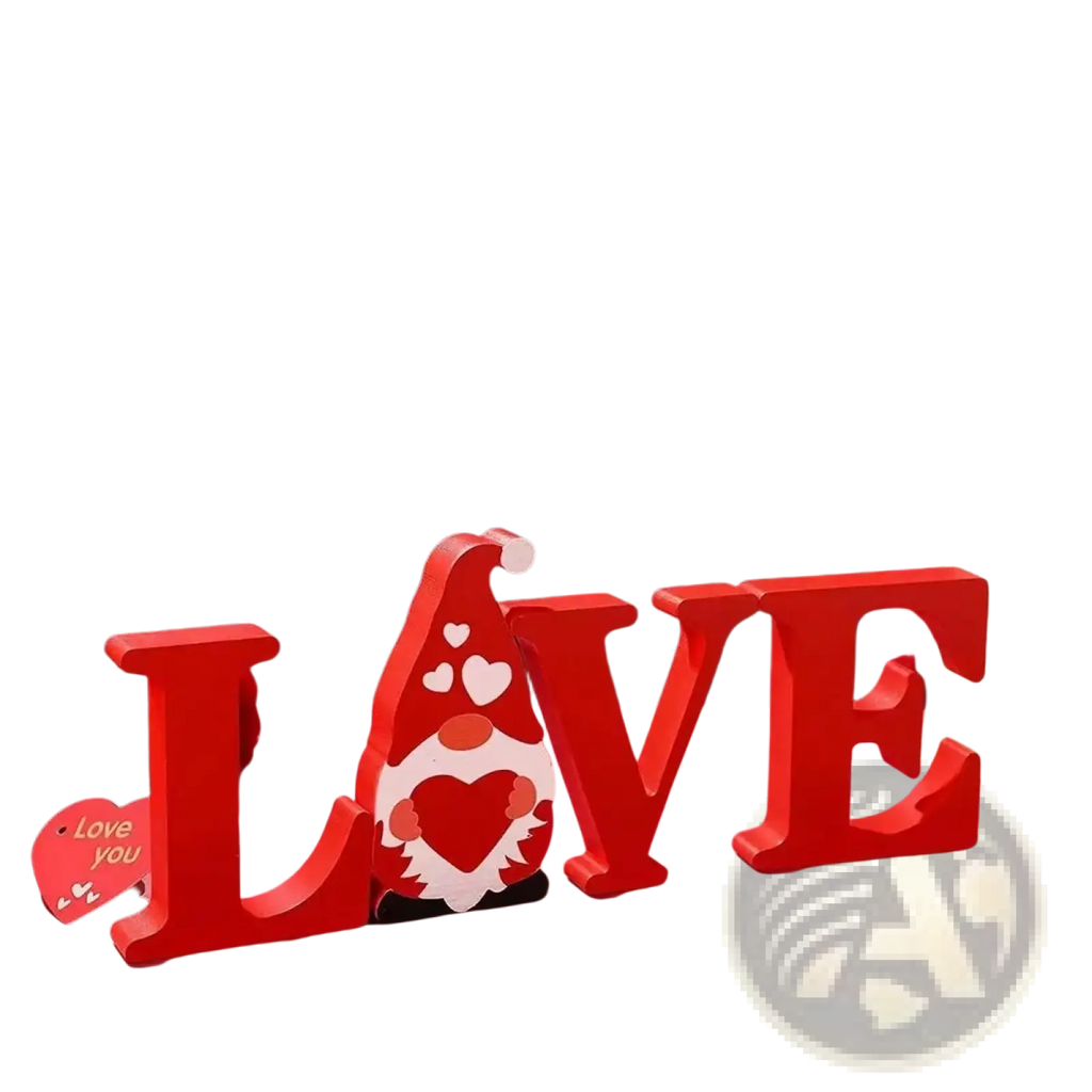Red wooden love letter decor with l shaped like a gnome wearing a red hat holding a heart for wedding table sign