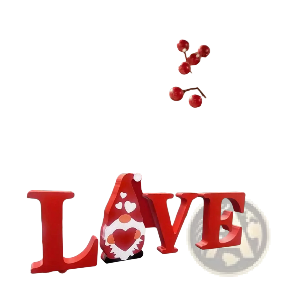 Red wooden love letter decor with a gnome figure featuring white and orange face details and red heart for wedding table sign mr and mrs decor