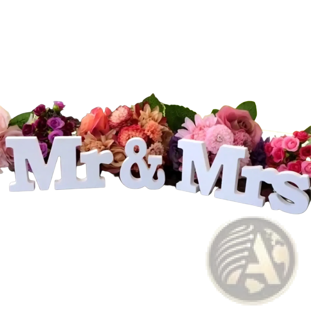 White wooden mr and mrs wedding table sign with glossy finish on reflective surface and colorful floral decor