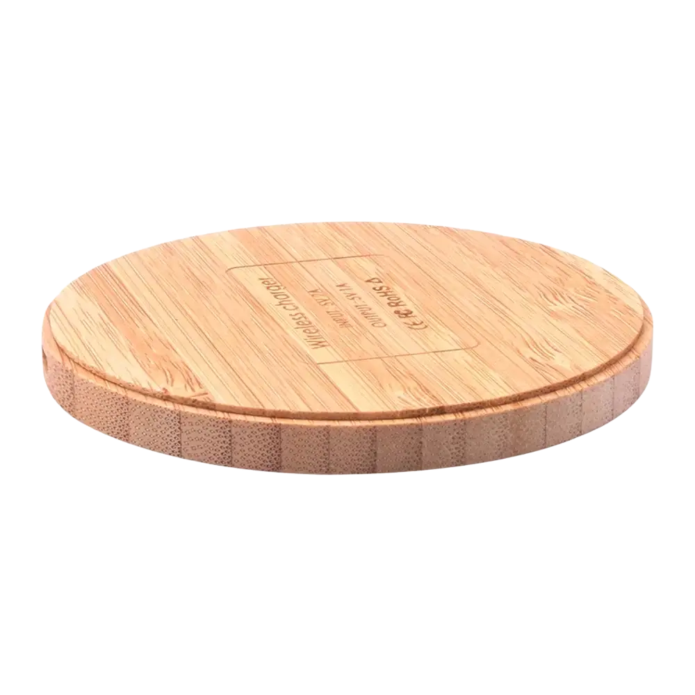 Bamboo wooden wireless charging pad with natural wood grain finish and engraved branding for fast usb c charging
