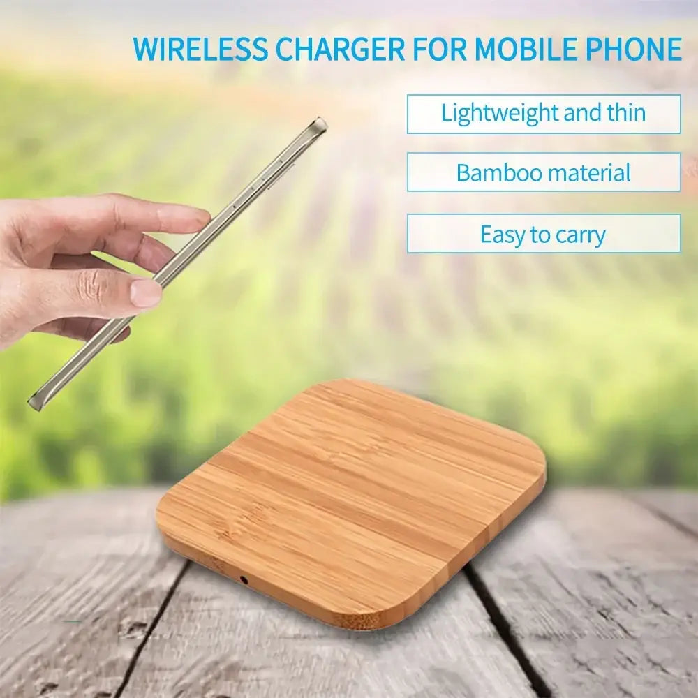 Wooden wireless charging pad with bamboo natural wood grain finish and rounded edges usb c fast charger