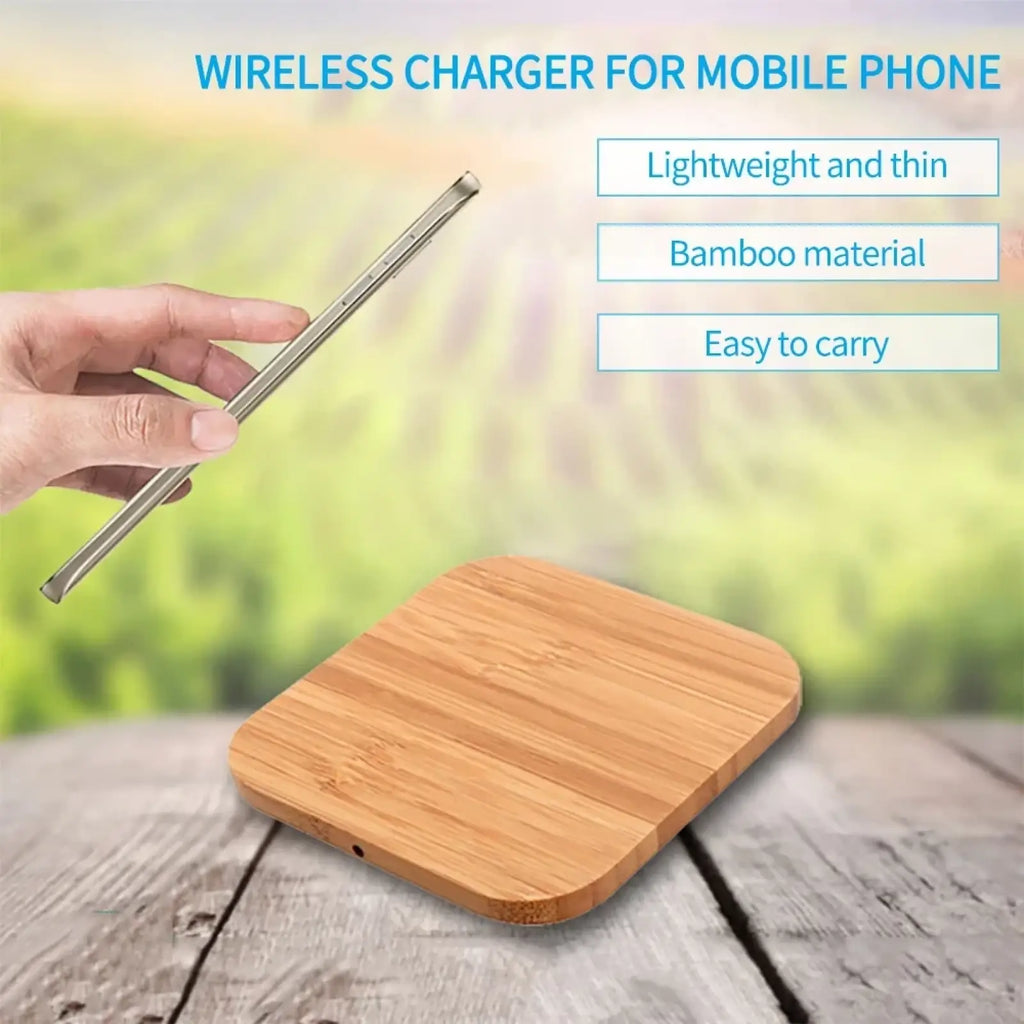 Wooden wireless charging pad with bamboo natural wood grain finish and rounded edges usb c fast charger