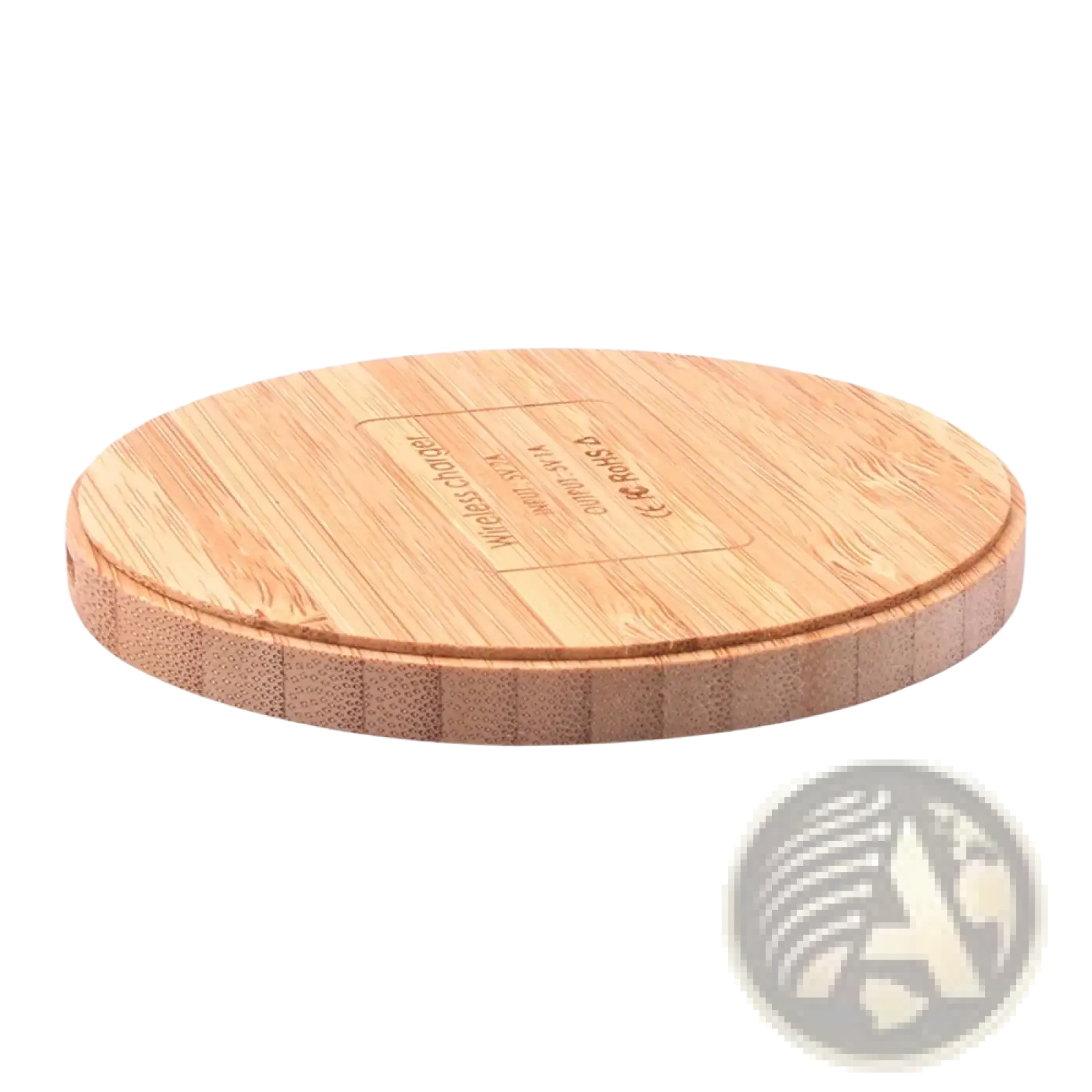 Bamboo wooden wireless charging pad with natural wood grain finish and engraved branding for fast usb c charging
