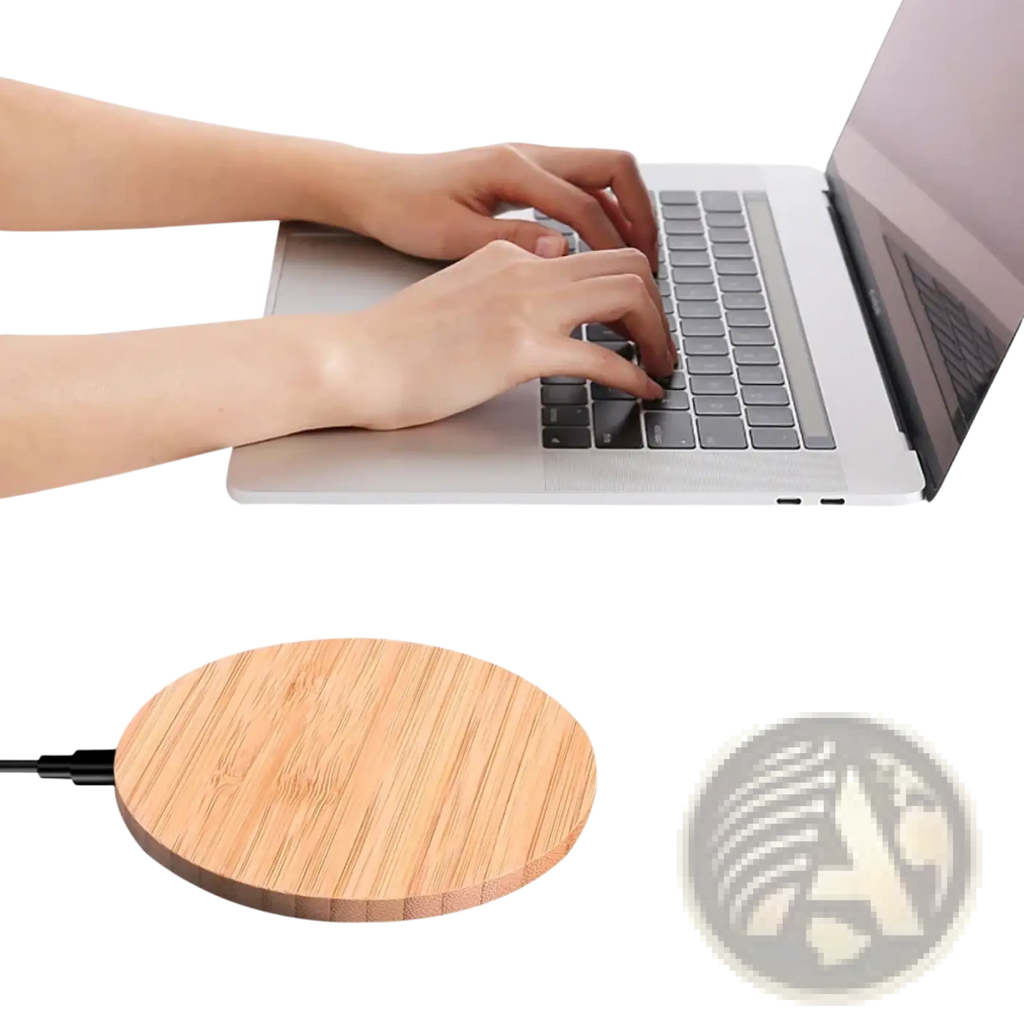 Circular bamboo wooden wireless charging pad with USB-C fast charger and natural wood grain finish