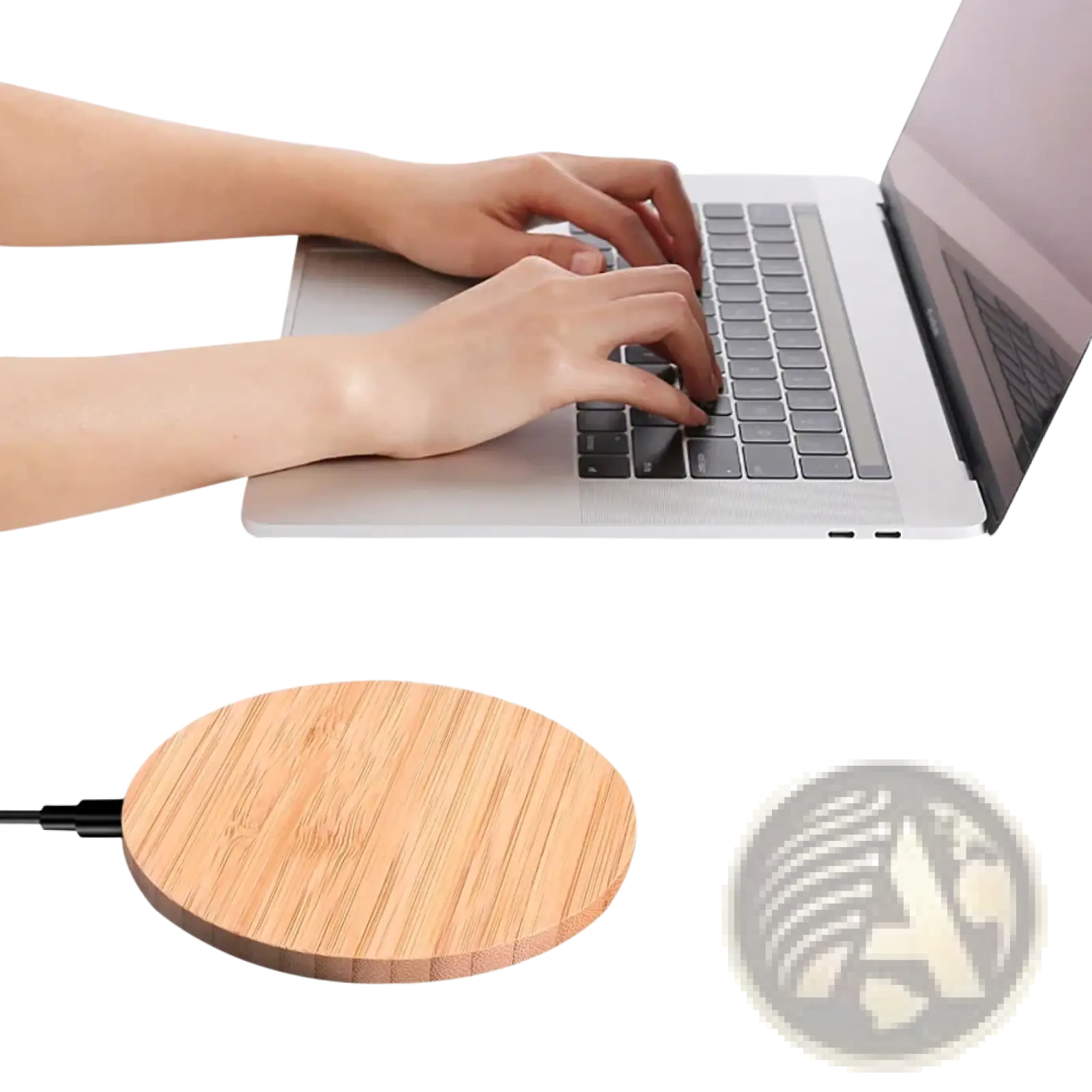 Circular bamboo wooden wireless charging pad with USB-C fast charger and natural wood grain finish